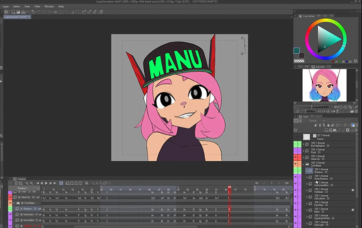 Editing character animation in Clip Studio Paint Pink-haired animated character in Clip Studio Paint workspace.