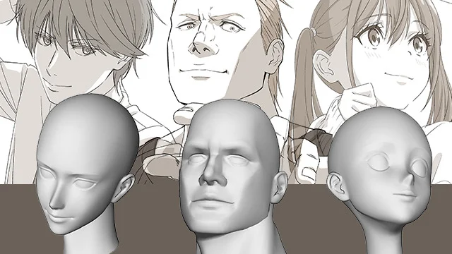 Verbessere die Anatomie und Proportionen der Charaktere mit 3D-Modellen in CLIP STUDIO PAINT. Mithilfe von 3D-Kopfmodellen können verschiedene Gesichter gezeichnet werden.