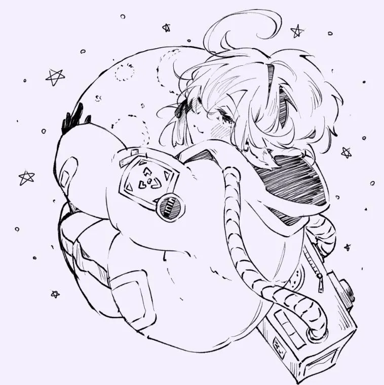 Ilustración realizada con el pincel Bolígrafo Ilustración hecha con el pincel Bolígrafo de un personaje con traje espacial abrazando una luna
