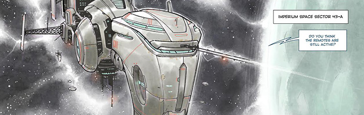 Plano general de una nave espacial en el cosmos.