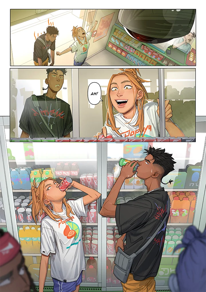 Cómic con dos personajes bebiéndose un refresco