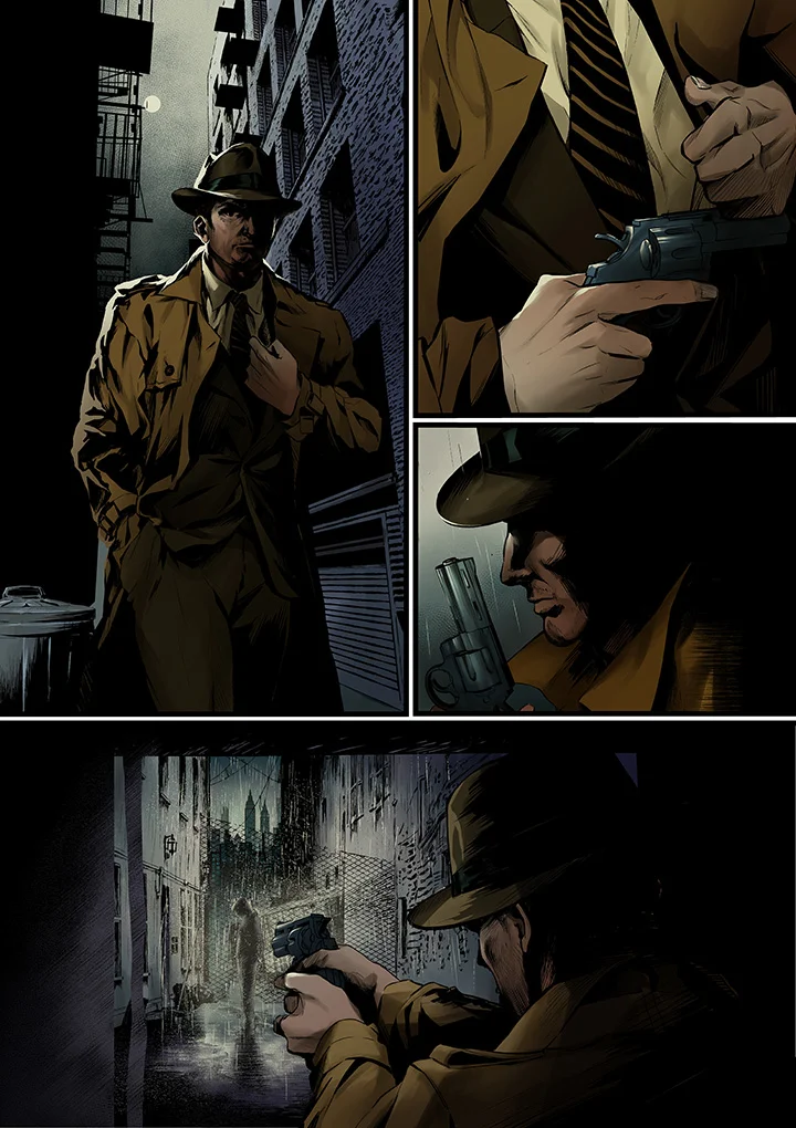 Detective de género negro en un callejón oscuro