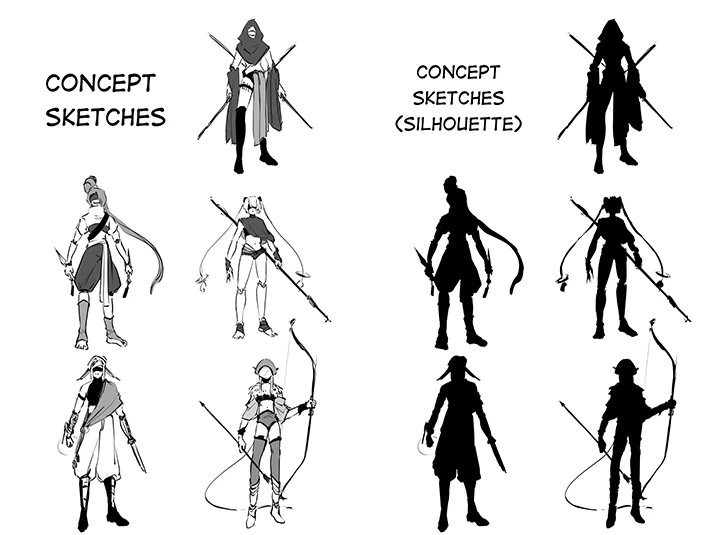 Esquisses de concepts : exploration des silhouettes et des designs Esquisses de concept de personnages et silhouettes avec des designs variés