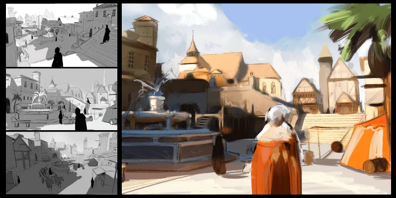 Esquisses de concept art d'environnement avec des vignettes Concept art d’environnement montrant des vignettes en niveaux de gris et un brouillon coloré d'une place de ville