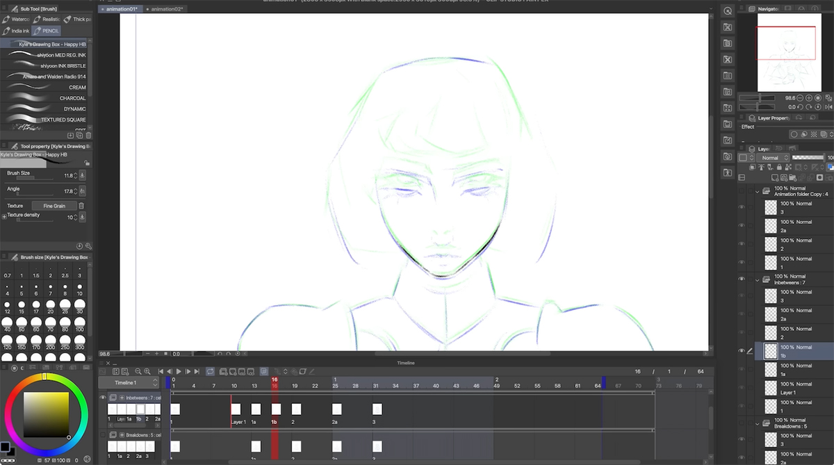 función línea de tiempo animación en clip studio paint dibujo de mujer caballero arte digital